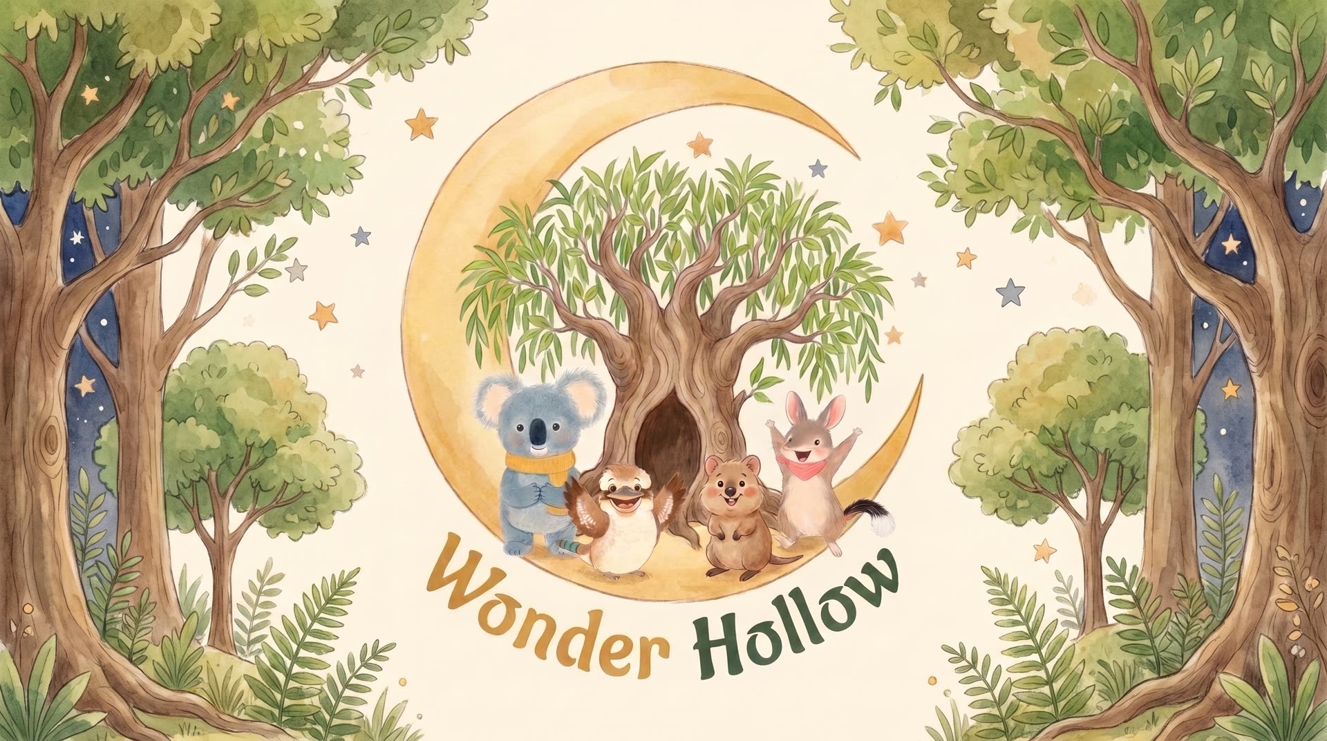 Mossy, Tilly, Rufus and Bimble gathered around their woodland hollow on a golden crescent moon